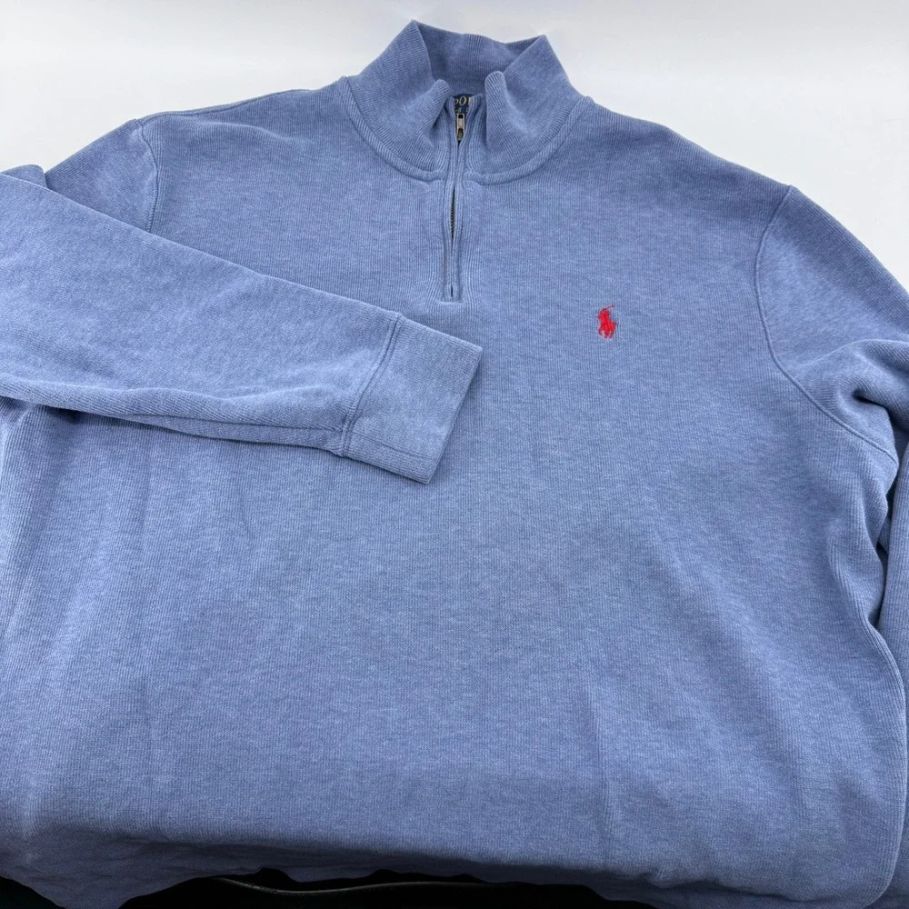 Polo Ralph Lauren Mens XL Quarter Zip Pullover Blue Cotton Knit Sweater Red Pony